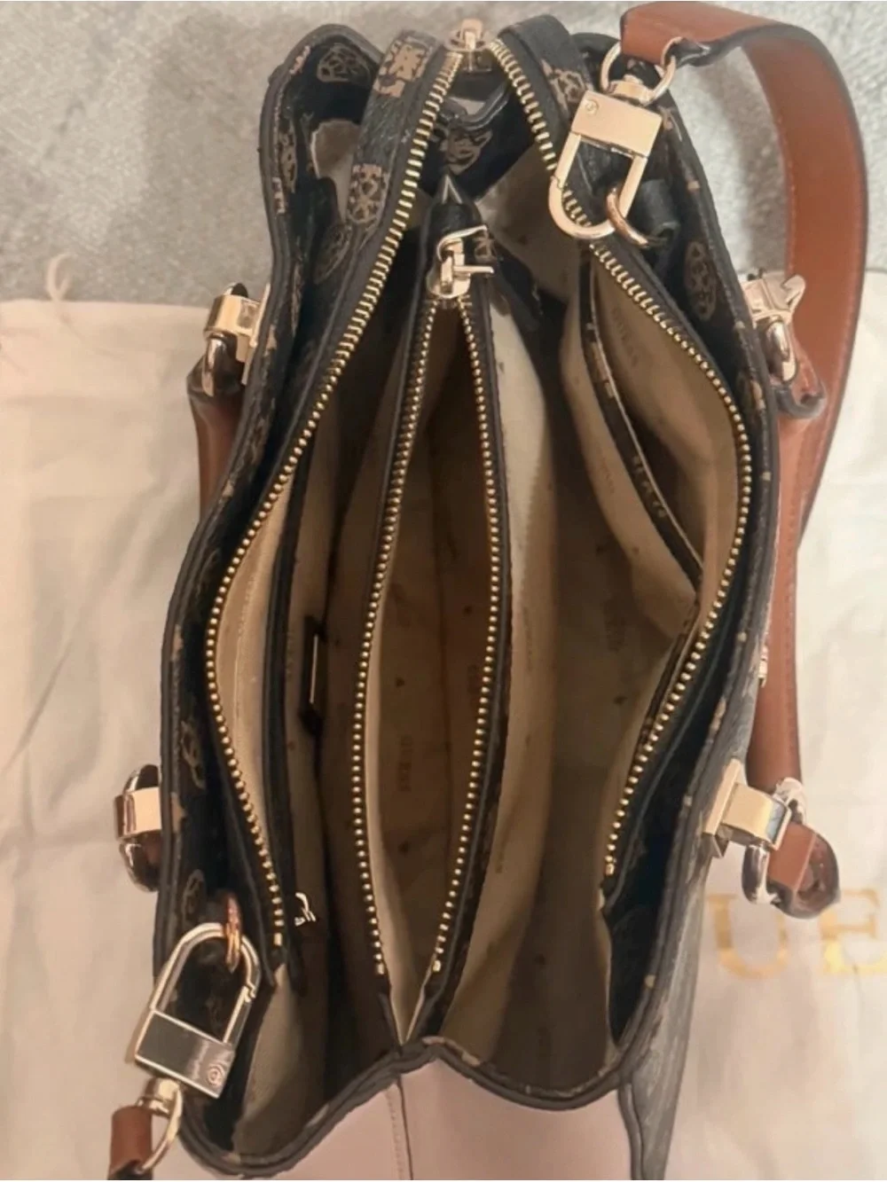 GUESS Brown Logo Monogram Satchel with Cream Panels